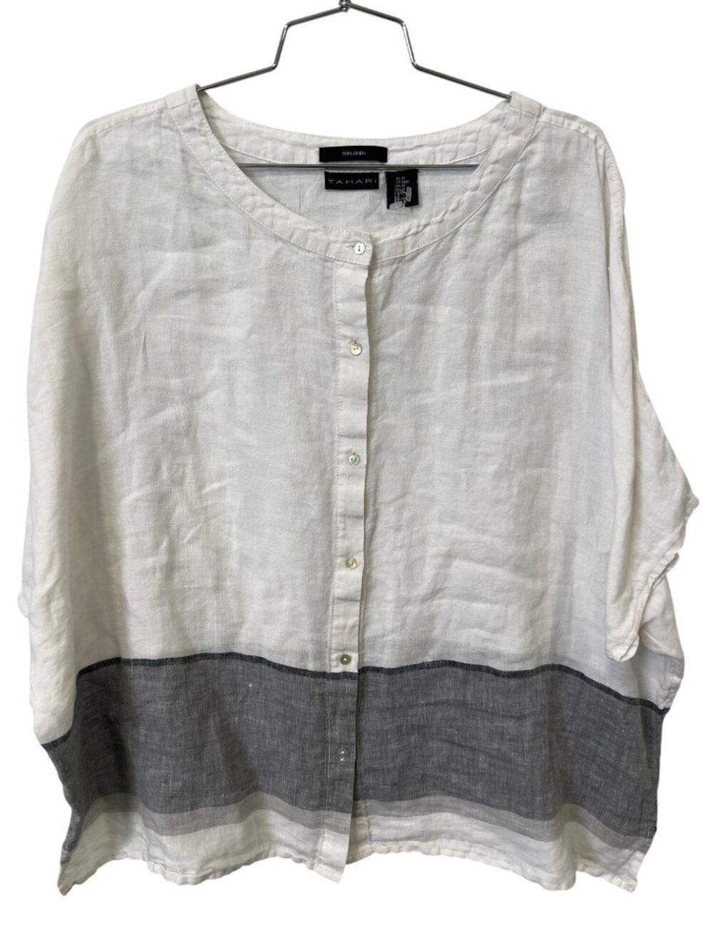 Tahari Boxy Shirt Medium Linen Button Front Dolman Sleeve Top White Gray Preppy